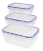A set of three clear plastic food storage containers with blue lids, stacked on a white background. Náhled obrázku produktu