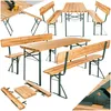 A collage of images showing a wooden beer garden table and bench set from various angles, including assembled and disassembled states, and a close-up of the metal leg mechanism. Produktbild-Vorschau
