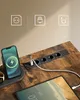 A desk with electronic devices including a phone and tablet charging via a power strip with multiple outlets. Náhled obrázku produktu