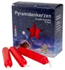 Auf dem Bild ist eine Schachtel mit der Aufschrift Pyramidenkerzen zu sehen die rote Kerzen enthält und mit winterlichen Motiven wie einem verschneiten Haus und einem Mond verziert ist Produktbild-Vorschau