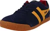 A single navy blue Gola sneaker with yellow stripes and a gum sole is shown from a side angle against a white background. Produktbild-Vorschau