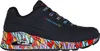 A single black Skechers sneaker with a colorful, abstract heart pattern on the sole and laces. Náhled obrázku produktu
