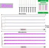 A product image showing two sets of LED grow lights, one white and one purple, with accessories like screws and wall plugs, and a manual. Produktbild-Vorschau