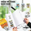 A person's hands are holding an open book with panda illustrations and badges. There are also loose badges and a pen on the table. Anteprima dell’immagine prodotto