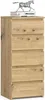 A tall, narrow chest of drawers made of light-colored wood with five drawers. A decorative metal horse sculpture and books are placed on top. Produktbild-Vorschau