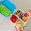 A hand is placing dried apricots into a multi-compartment lunchbox filled with cherry tomatoes, crackers, and a slice of cake. Náhled obrázku produktu