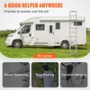 Collage showing a telescopic ladder next to an RV and in use for house repairing, tree pruning, and hanging curtains. Anteprima dell’immagine prodotto