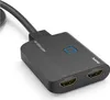 A black HDMI splitter with two output ports and a blue indicator light. Voir les images du produit