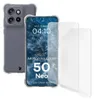 A clear phone case and screen protectors are displayed alongside a Motorola Edge 50 Neo phone. Produktbild-Vorschau