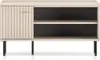 A light-colored cabinet with a fluted door and two open shelves, supported by black metal legs. Produktbild-Vorschau