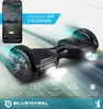 A black hoverboard is shown with glowing blue accents, alongside a smartphone displaying an app interface. The background is a blurred, dynamic representation of movement. Produktbild-Vorschau