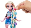 A doll with blonde hair styled in a braid, decorated with colorful hair accessories, is shown against a white background. A hand is shown placing a pink accessory into the doll's hair. Náhľad obrázku produktu