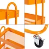 Collage of close-up shots of an orange kitchen trolley, highlighting its features like the handle, mesh baskets, and wheels. Náhled obrázku produktu