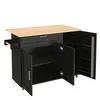 A black kitchen island with a wooden countertop and open doors and shelves. Náhled obrázku produktu