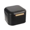 A black bread bin with a wooden handle on a white background. Produktbild-Vorschau