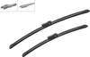 Two windshield wiper blades are shown diagonally on a white background. Two small metal adapters are in the top left corner. Produktbild-Vorschau