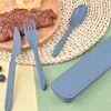 A set of blue plastic cutlery with a case, placed next to a steak and pasta dish on a woven placemat. Produktbild-Vorschau
