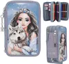A collage of a pencil case, showing its front design, an open view of its contents, and a side view. Produktbild-Vorschau