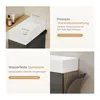 A split image showing a bathroom sink and vanity with text overlays describing features. Voir les images du produit
