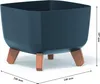 A dark blue square planter with brown legs is shown on a white background with dimensions indicated. Produktbild-Vorschau