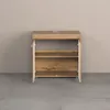 A wooden cabinet with two open doors, revealing shelves, against a plain wall and tiled floor. Produktbild-Vorschau