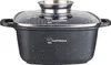 A studio shot of a black pot with a speckled design and a glass lid. Produktbild-Vorschau