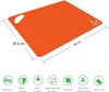 An orange cutting board with dimensions and feature icons shown below. Produktbild-Vorschau
