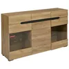 A modern wooden sideboard with glass doors and LED lighting. Produktbild-Vorschau
