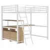 A white metal loft bed with a wooden desk and drawers underneath, shown against a white background. Produktbild-Vorschau