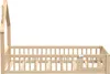 A side view of a wooden children's bed frame with a house-like structure on one end and a railing around the sides. Náhľad obrázku produktu