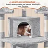 A cat is resting inside a grey cat tree with text overlays describing its features. Produktbild-Vorschau