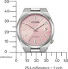 A watch with a pink dial is shown next to a ruler for size measurement. Produktbild-Vorschau