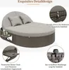 A round outdoor daybed with cushions and small side tables, shown with close-up details of its features. Podgląd zdjęcia produktu