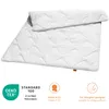 A white duvet or blanket is laid out on a white background, with several certification logos and text below it. Voir les images du produit
