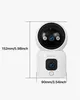 A white security camera with dimensions indicated by lines and text. Produktbild-Vorschau