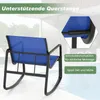 A blue rocking chair is shown in a setting that appears to be outdoors near a swimming pool, with text overlays highlighting product features. Anteprima dell’immagine prodotto