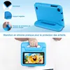 A blue tablet case with a handle, showing features like anti-fall, adjustable stand, and soft silicone protection. A tablet with Spongebob Squarepants on the screen is inside the case. Produktbild-Vorschau