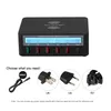 A black multi-port USB charger with a digital display and multiple USB ports, shown with different plug adapters for UK, US, and EU. Produktbild-Vorschau
