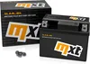 A motorcycle battery and its packaging are displayed on a white background. Produktbild-Vorschau