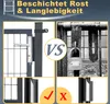 A collage image comparing a new, coated garden gate with a rusty, old gate, highlighting durability and rust resistance. Produktbild-Vorschau