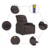 A collage of images showing a brown fabric massage chair from different angles and close-ups of its features, including a remote control, a cup holder, and a side pocket. Voir les images du produit