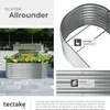 Collage of images showing a raised garden bed, its construction, and text highlighting its features. Produktbild-Vorschau