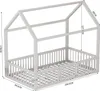 A white wooden house-shaped bed frame with dimensions indicated by measurement lines and text. Anteprima dell’immagine prodotto