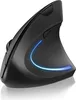 A black vertical ergonomic mouse with a blue LED light strip is shown from a side angle on a white background. Produktbild-Vorschau