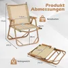 A diagram showing the dimensions and weight capacity of a folding camping chair, with a second folded chair shown for scale. Produktbild-Vorschau