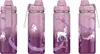 Four views of a pink and purple water bottle with unicorn and snowflake designs. Produktbild-Vorschau