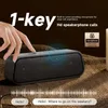 A hand is shown pressing a button on a black portable Bluetooth speaker. Text overlays describe features and a conversation. Produktbild-Vorschau