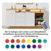 A white and wood sideboard with LED lighting and a remote control, along with a color swatch display. Produktbild-Vorschau