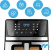 A close-up of the top control panel of an air fryer, with marketing icons above it. Produktbild-Vorschau