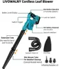 Diagram of a cordless leaf blower with labels pointing out its features and included accessories. Produktbild-Vorschau